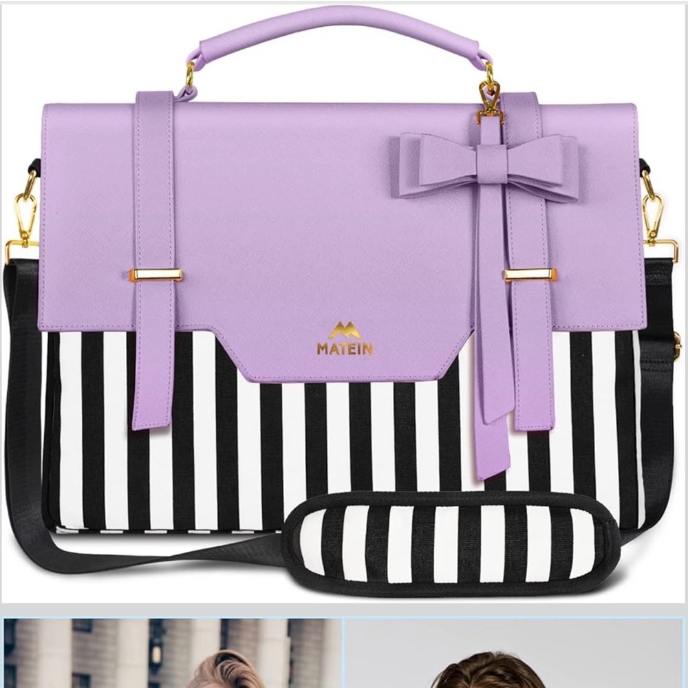 Matein Lavender Stripe Laptop Bag with Bow Accent